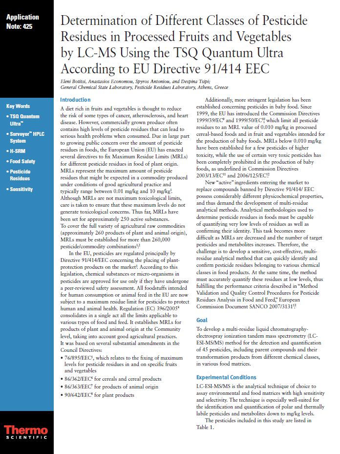 Determination of Different Classes of Pesticide Residues in Processed